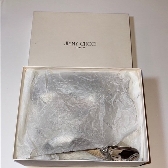 Jimmy Choo Glitter Fabric Champagne Peep Toe Sling Back Heel Size 37 Authentic - Picture 15 of 16